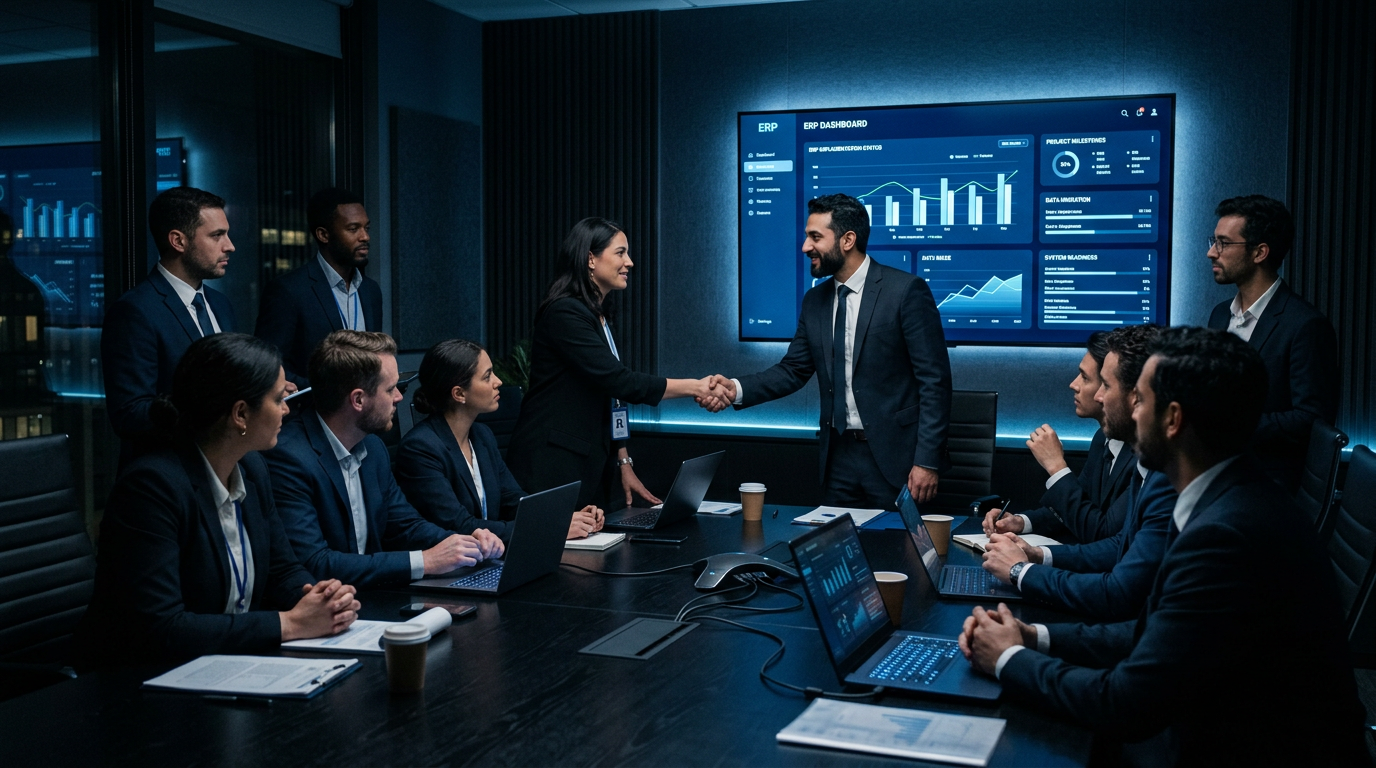 Equipe de gestores e implementadores de sistemas de TI reunida em uma sala escura, com um aperto de mãos diante de um painel de implantação de ERP