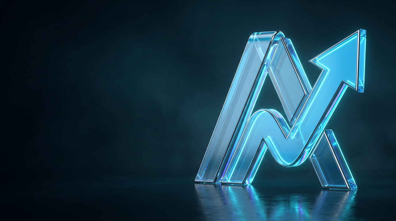 Escultura 3D em vidro e metal azul, representando conexão entre sistemas